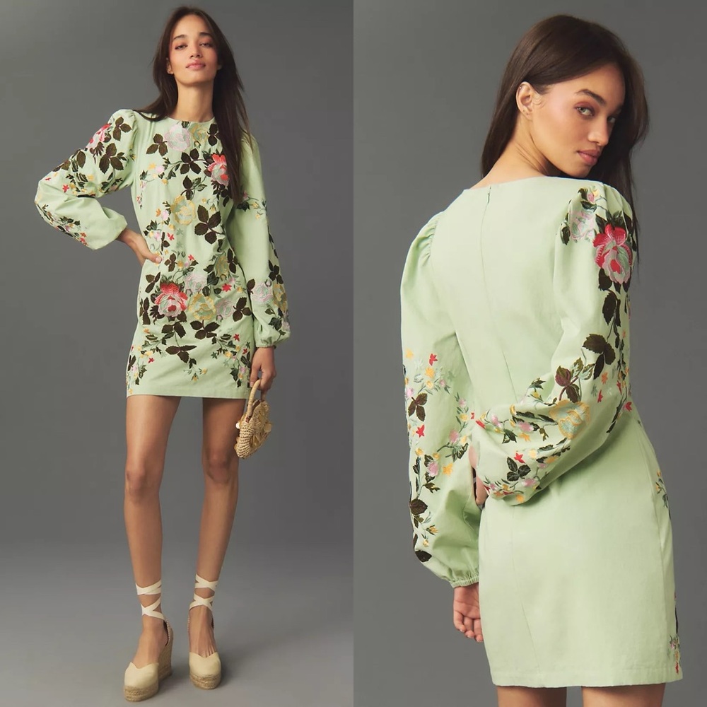 NWT Anthropologie Let Me Be Long-Sleeve Embroidered Mini Dress